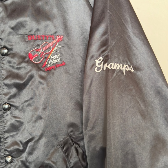 Vintage Black Satin Bomber Jacket Embroidered Dusty’s Barn Dance Gramps - Picture 8 of 12
